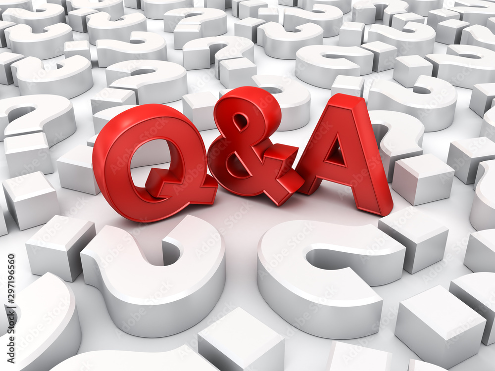 Poster Red Q and A text or Questions and answers concept among white question marks over white background with shadow 3D rendering