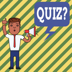 Word writing text Quiz Question. Business photo showcasing test of knowledge as competition between individuals or teams Man Standing with Raised Right Index Finger and Speaking into Megaphone