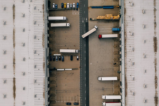 Aerial view of the distribution center, drone photography of the industrial logistic zone.