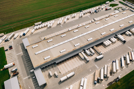 Aerial view of the distribution center, drone photography of the industrial logistic zone.