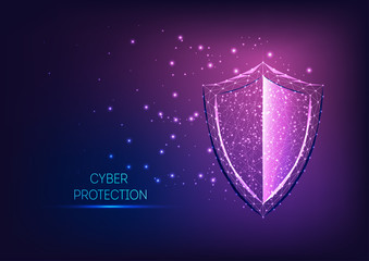 Futuristic glowing low polygonal guard shield symbol on dark blue to purple gradient background.