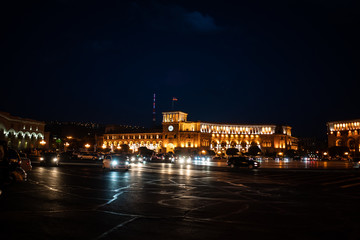 Fototapeta na wymiar Yerevan at night. The Government of the Republic of Armenia and Central Post Office on Republic Square, the most important square of the capital Yerevan, Armenia.