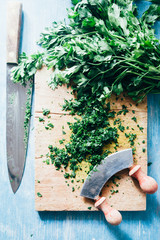How to series cooking 101 guide, how to cut parsley, top view of fresh parsley on a cutboard with...