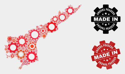 Mosaic technical Andhra Pradesh State map and grunge seal. Vector geographic abstraction in red colors. Mosaic of Andhra Pradesh State map combined of random wheel elements.