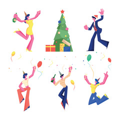Birthday, New Year and Christmas Celebration Set. Happy People Party Fun with Champagne Gifts Decorated Xmas Tree and Confetti. Men Women Jumping and Dancing Cartoon Flat Vector Illustration, Clip Art
