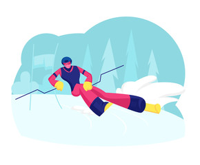 Ski Slalom Winter Sports. Young Man Wearing Sportive Costume and Helmet Going Downhill by Skis on Nature Background. Outdoors Spare Time, Sport Wintertime Activity. Cartoon Flat Vector Illustration