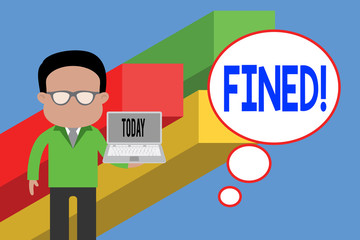 Writing note showing Fined. Business concept for clarify beer by causing precipitation of sediment during production Standing man in suit wearing eyeglasses holding open laptop photo Art