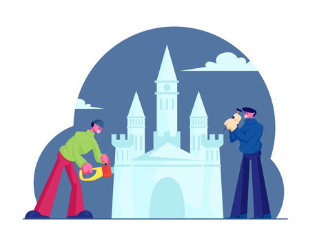 Artists Making Transparent Castle Sculpture in Ice Town, Couple of Men Working with Chainsaw and Hammer for Building Beautiful Palace for Winter Holidays Fair Exhibit Cartoon Flat Vector Illustration