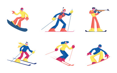 Fototapeta na wymiar Set of Winter Kinds of Sport Activities Isolated on White Background. Skiing Snowboarding Biathlon Sportsmen with Sports Equipment Skis Snowboard and Rifle. Cartoon Flat Vector Illustration, Clip Art