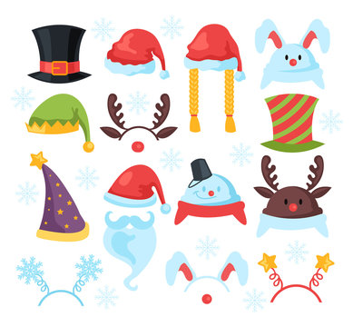 Different Santa Claus and Animals Christmas Hats set collections. Happy New Year concept. Vector flat cartoon graphic design illustration