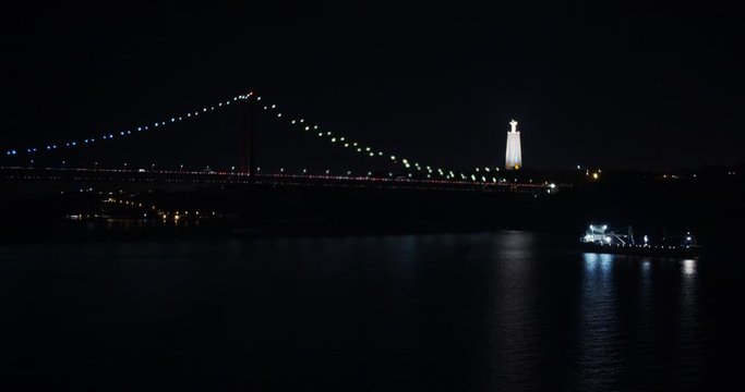 Aerial view of Ponte 25 de Abril, Lisbon Portugal , flying above the Tejo River at night.
