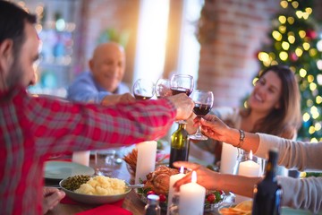 Beautiful family smiling happy and confident. Eating roasted turkey and toasting with cup of wine celebrating Christmas at home