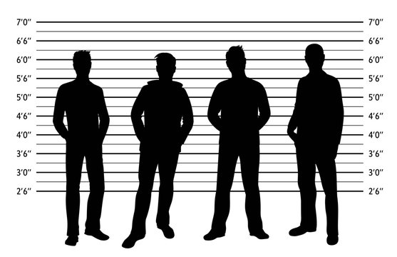 Police lineup. Mugshot background with silhouette of different men. Black silhouette of four men on white background. Isolation. Vector illustration