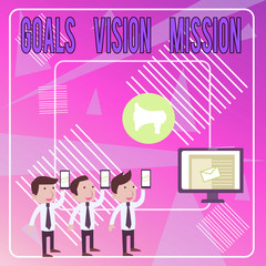 Word writing text Goals Vision Mission. Business photo showcasing practical planning process used to help community group SMS Email Marketing Media Audience Attraction Personal Computer Loudspeaker