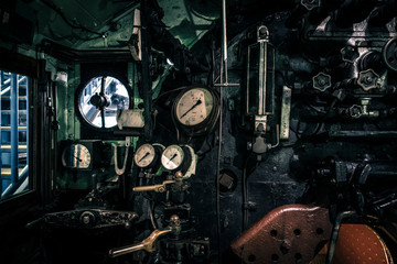 Old steam train control room