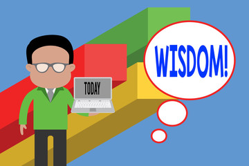 Writing note showing Wisdom. Business concept for quality having experience knowledge and good judgement something Standing man in suit wearing eyeglasses holding open laptop photo Art