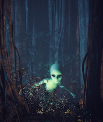 An alien in mystic forest,3d illustration