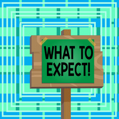 Text sign showing What To Expect. Business photo text asking about regard something as likely to happen occur Wood plank wooden stick pole paper note attached adhesive tape empty space