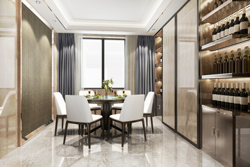 3d rendering modern dining room and  living room with luxury decor wine shelf