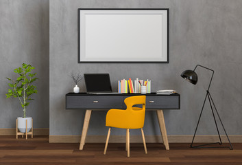 3D render interior living room workspace with laptop computer and mockup blank poster