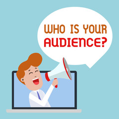Writing note showing Who Is Your Audience Question. Business concept for who is watching or listening to it Man Speaking Through Laptop into Loudhailer Bubble Announce