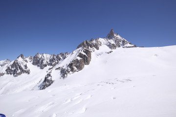 Fototapeta na wymiar Vallee Blanche above Chamonix from the Aiguille du Midi in French Alps in Spring with Canon 11mm - 22mm Wide Angle Lens