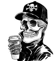 Skeleton drinks cup of coffee. Ink black and white illustration