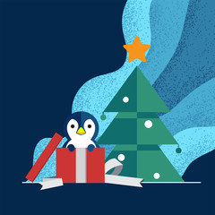Penguin come up from presents box in front of Christmas tree with blue tone background