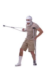 Man after car accident isolated on white