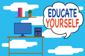 Conceptual hand writing showing Educate Yourself. Concept meaning prepare oneself or someone in a particular area or subject Desktop computer with wooden table shelf books flower pot