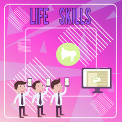 Word writing text Life Skills. Business photo showcasing skill that is necessary for full participation in everyday life SMS Email Marketing Media Audience Attraction Personal Computer Loudspeaker