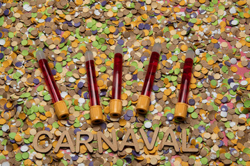 donate blood during the carnival. Confetti Background with Blood Tubes