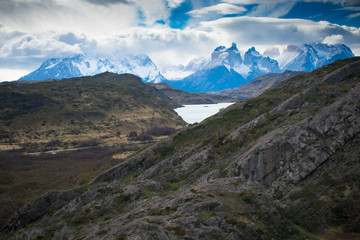 Fototapeta na wymiar Breathtaking Storm Rolling over Torres Del Paine Mountain Range and Glacier Grey in Patagonia Chile