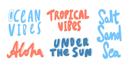 Ocean vibes, tropical, salt, sand, sea, Aloha, sun. Vector hand drawn illustration with cartoon lettering. Good as a sticker, video blog cover, social media message, gift cart, t shirt print design.