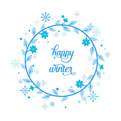 Collection of card happy winter, with decoration of blue leaf flower frame elegant. Vector