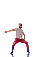 Adorable man dancing isolated on white background