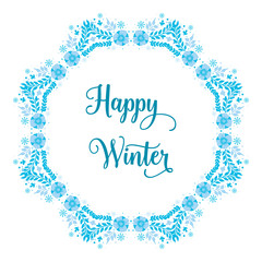 Text happy winter with Ornament art of blue leaves frame and blue flower. Vector