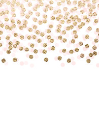 Festive invitation design with gold glitter dot and pink circles.