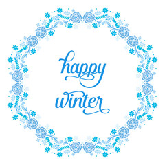 Text happy winter with Ornament art of blue leaves frame and blue flower. Vector