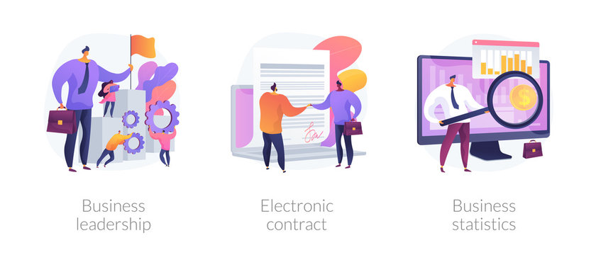 Business Icons Set. Market Success, Digital Paperwork, Corporate Research. Business Leadership, Electronic Contract, Business Statistics Metaphors. Vector Isolated Concept Metaphor Illustrations