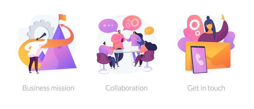 Company Development Direction, Team Building Exercise, Corporate Communication Icons Set. Business Mission, Collaboration, Get In Touch Metaphors. Vector Isolated Concept Metaphor Illustrations