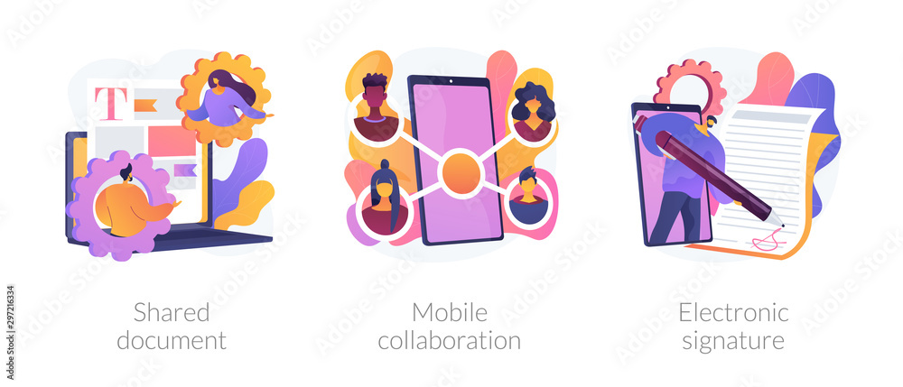Wall mural digital documentation, remote colleagues connection, contract signing icons set. shared document, mo