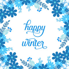 Design element of card happy winter, with modern bright blue leaf flower frame. Vector