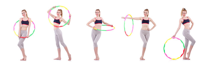 Fototapeta na wymiar Woman doing exercises with hula hoop