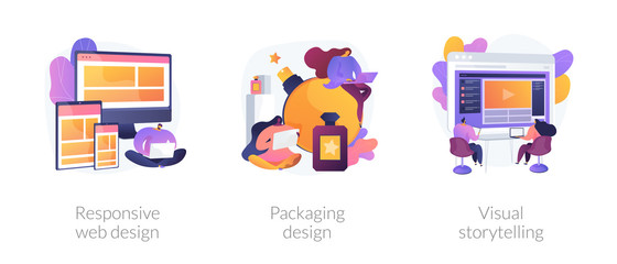 Cross platform development, brand development, content marketing icons set. Responsive web design, packaging design, visual storytelling metaphors. Vector isolated concept metaphor illustrations