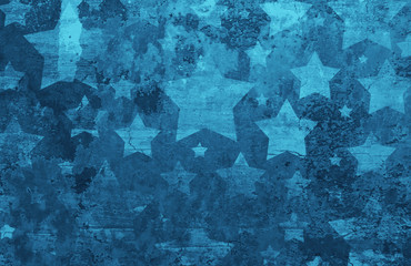 Stars on distressed old vintage blue background wall with cracks and peeling paint on barn wood grunge texture, faded patriotic background for July 4th, veteran's day, memorial day