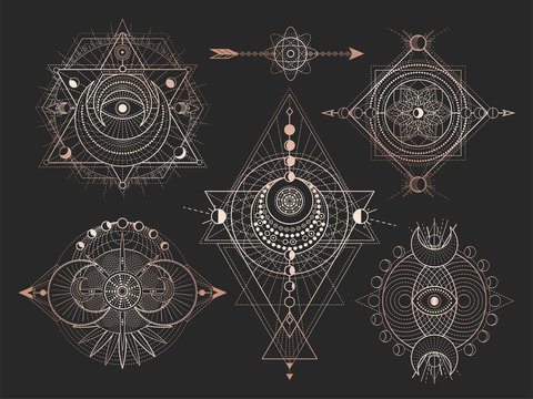 Vector set of Sacred geometric symbols and figures on black background. Abstract mystic signs collection.