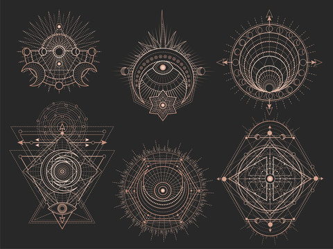 Vector set of Sacred geometric symbols and figures on black background. Abstract mystic signs collection.