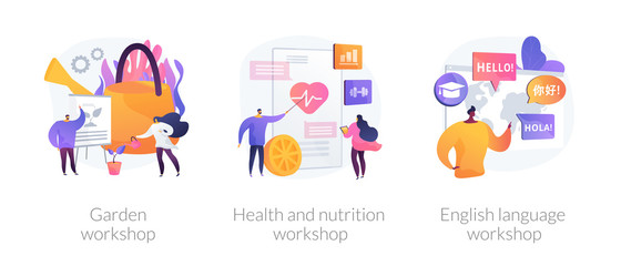 Special gardener, nutritionist and linguist education icons set. Garden workshop, health and nutrition workshop, foreign language workshop metaphors. Vector isolated concept metaphor illustrations