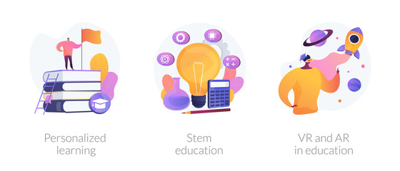 Personal studying program, academic system, futuristic technology icons set. Personalized learning, stem education, VR and AR in education metaphors. Vector isolated concept metaphor illustrations